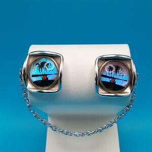 Vintage Iridescent Palm Scene Sweater Clips, 1950s Butterfly Wing Jewelry